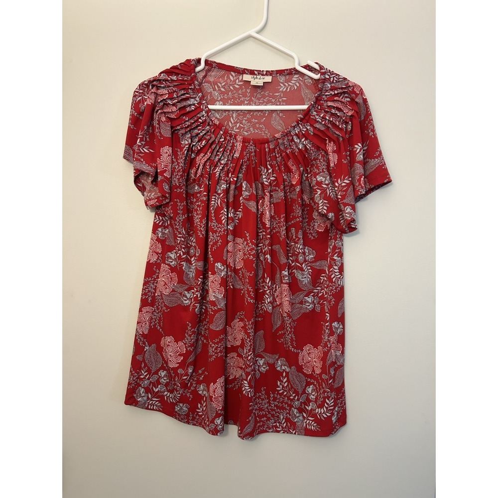 Style & Co. Red Floral Raglan Short Sleeve Blouse Top Pullover Casual Women's M
